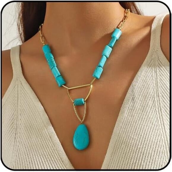 Chunky Turquoise and Gold Geometric Pendant Necklace Bohemian Western - Picture 1 of 4